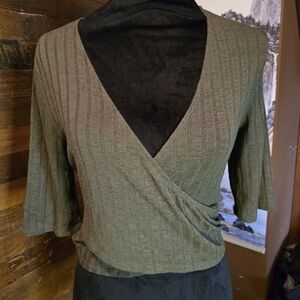 Express One Eleven M Olive Green Knit V-Neck Wrap Crop Top Blouse